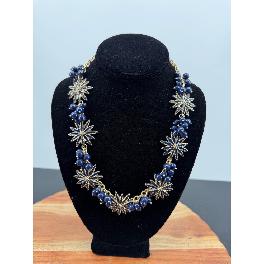Talbots Floral Starburst Statement Necklace Womens OS Navy Blue Gold Tone Bead